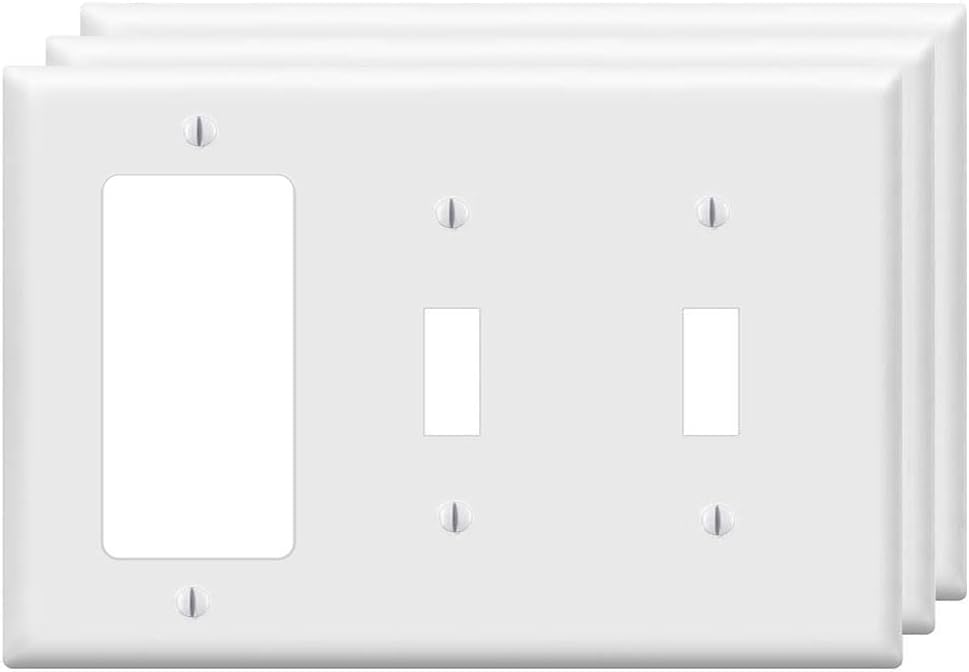 Combination Double Toggle/Single Decorator Rocker Outlet Light Switch Wall Plates 3-Gang Switch Electrical Cover Plate Unbreakable Thermoplastic Faceplate, White (3 Pack)