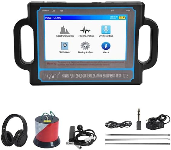 PQWT CL400 Water Leak Detectors for Home and Outside Wall Water Pipe Detector Acoustic Pipeline Leakage Detection Kit Professional Sensor Noise Reduce Headphone LCD Touchscreen Carry Case 4 Meters