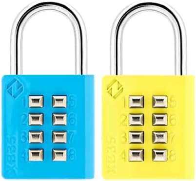 XB35 8-Digit Push Button Combination Padlock, 4 Digit Locking Mechanism, (2-Pack, Blue, Yellow)