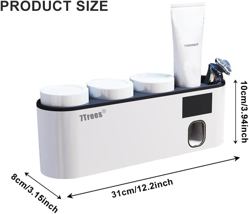 Toothbrush Cleaning Holder, Self Adhesive Toothbrush Holder with 3 Cups, Automatic Toothpaste Squeezer Dispenser Bathroom Accessories Set (White)