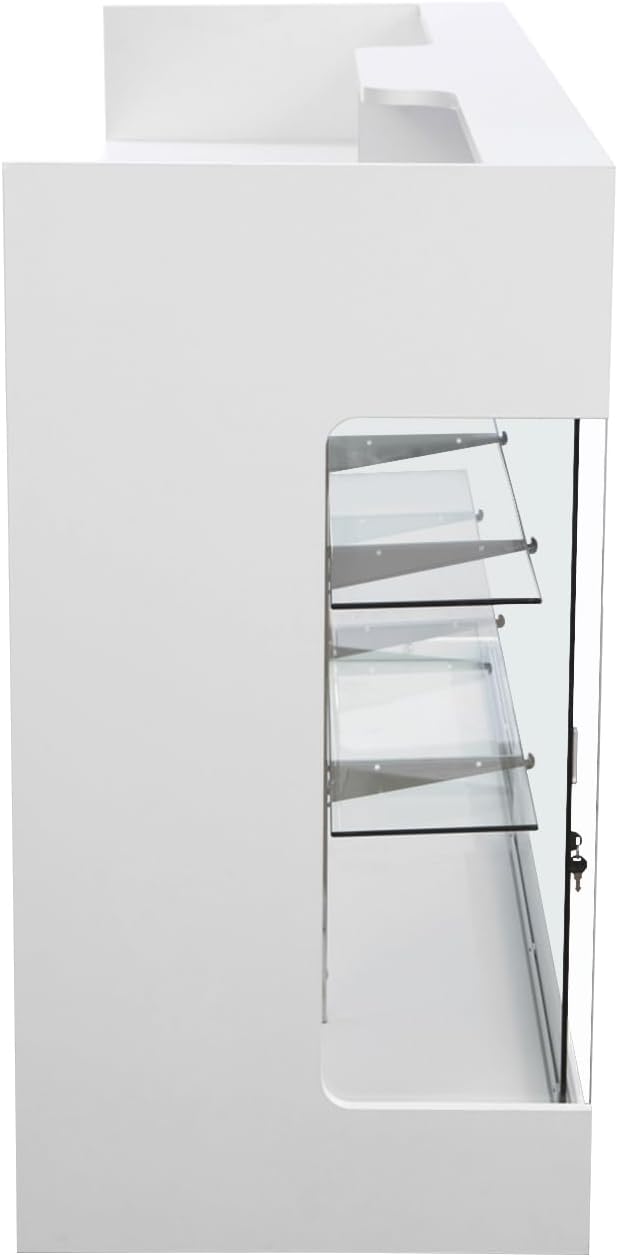 72" W x 22" D x 42" H - Ledgetop Checkout Counter with Glass Showcase View Front, White Wooden Cash Register Stand with Showcase,Retail Glass Display Cabinet Counter