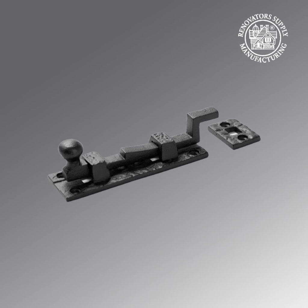 Renovators Supply Manufacturing Door Lock Latch 4 in. Black Wrought Iron Ball Tip Styled Necked Offset Slide Bolt Latch with Mounting Hardware