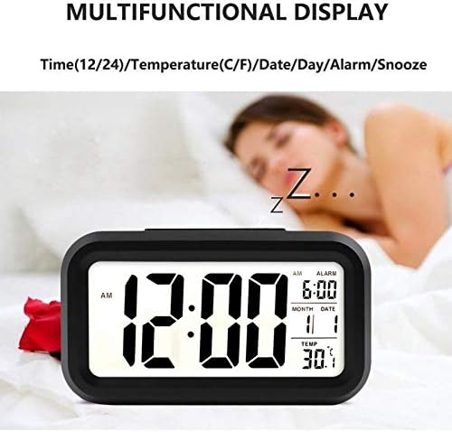Digital Alarm Clock with LCD Display, Desk Smart Electronic Small Clock with Indoor Temperature, Date, Light Sensor, Backlight, Battery Operated, for Home Bedroom Kids Office (Black)