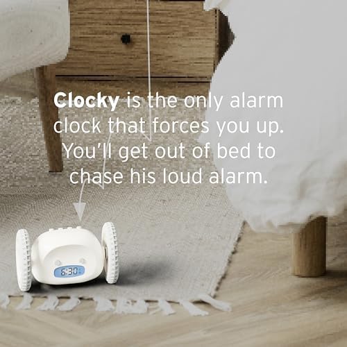 CLOCKY Alarm Clock on Wheels – Loud Rolling Alarm Clock for Heavy Sleepers | Runaway Clock That Jumps & Runs to Wake You Up | Funny Unique Gift for Adults & Teens (White)