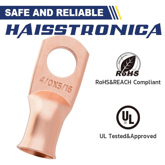 haisstronica 10pcs 4/0 AWG - 5/16"(M8) Battery Cable Lugs, Heavy Duty Wire Lugs with 10pcs 3:1 Adhesive Heat Shrink Tubing, 0000 Gauge Wire Lugs, Battery Terminal Connector, Battery Cable Ends