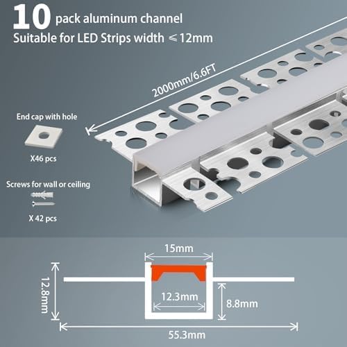 10 Pack LED Channel with Milky White Diffuser 6.6FT/2M Plaster-in Aluminum Drywall U Shaped Trimless Recessed Track for LED Strip, Flexible Led Profile 45 Degree Bendable