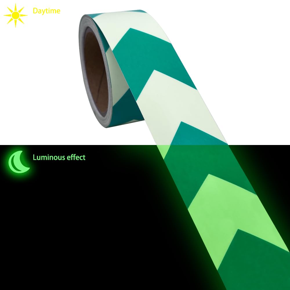 Arrow Glow in The Dark Tape - 15 Ft x 2 in - Rechargeable Glow Tape in The Dark - Safety Warning Tape, Night Decorations, and Home Marking (GreenArrow)