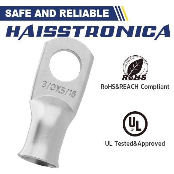 haisstronica 10pcs 3/0 AWG - 5/16"(M8) Tinned Copper Battery Lugs, Heavy Duty Wire Lugs with 10pcs 3:1 Adhesive Heat Shrink Tubing, 000 Gauge Wire Lugs, Tinned Copper Battery Cable Ends