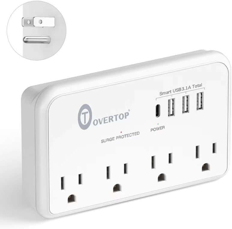 Overtop Wall Outlet Extender Surge Protector with 4 AC Outlets, 4 USB Ports(1 USB C) Multi Plug Expander Charger for Home, Dorm, Classroom, Travel