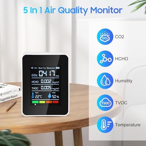 Air Quality Monitor, 5 in 1 Portable Quality Tester, CO2 Detector Air Quality Monitor Indoor, for CO2 | TVOC | HCHO | Temp Humi for Home, Cars Plants,Hotel, Office