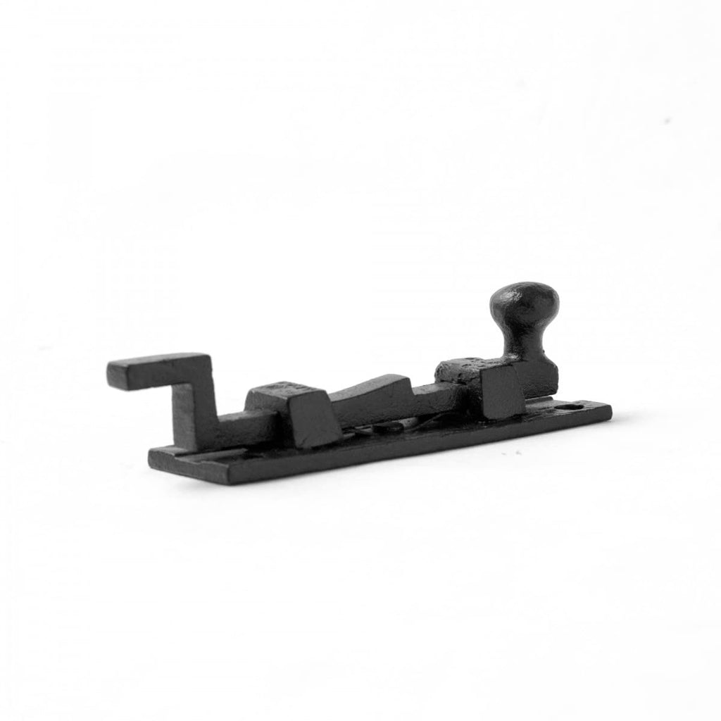 Renovators Supply Manufacturing Black Offset Slide Bolt Door Latch 4" Long Wrought Iron Metal Surface Sliding Bolts with Catch for Cabinet Doors Easy Install Lock with Mounting Hardware Pack of 4
