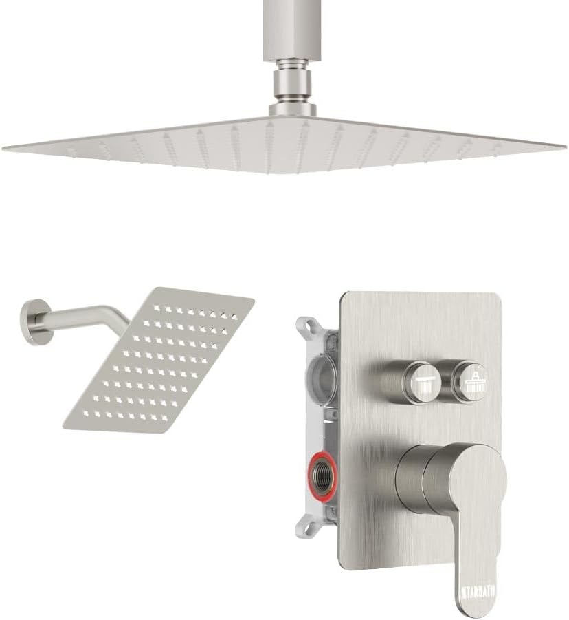 Shower Faucets Sets Shower System Brushed Nickel, STARBATH 12" Ceiling Mount Rain Showerhead and 8" Wall Mounted Rainfall Shower for Couples, On Off Button Valve Dual Head Shower Systems Complete