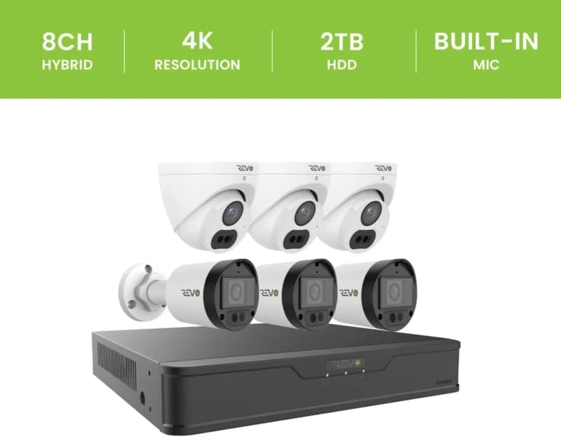Revo Hybrid 8CH 4K Security System, 2TB Video Surveillance Grade HDD, 4X 4K Indoor/Outdoor IR Cameras with Built-in Microphone, Remote Viewing via Smartphone, PC and MAC (no Monthly fees)