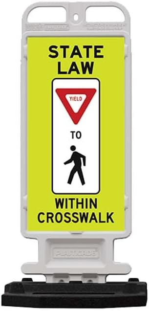Plasticade Crosscade Crosswalk Sign, 24" Vertical Panel with 12x24 State Law Yield To Pedestrians Sign, Impact-Resistant Rubber Base, Diamond Grade Reflective Background and HIP Sheeting