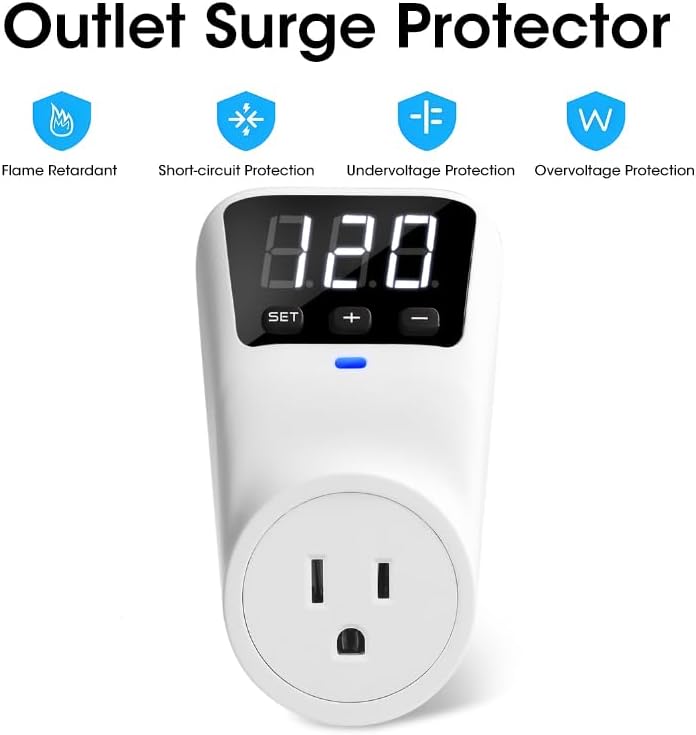 Surge Protector Voltage Stabilizers - Fireproof UL94V-1 Wall Mount Surge Protector Outlets for Refrigerator TV Appliances Real-Time Monitoring & Custom Voltage 80V-140V, 15A, 120V, 1800J,2 Pack