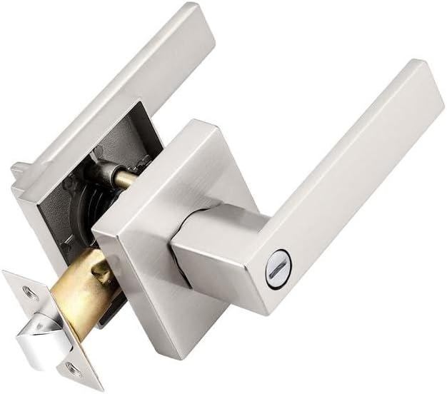 Probrico Interior Brushed Nickel Door Handle, Heavy Duty, Flat Square Privacy Door Handles, Keyless Door Levers Lockset for Bedroom and Bathroom (1 Pack, Modern)