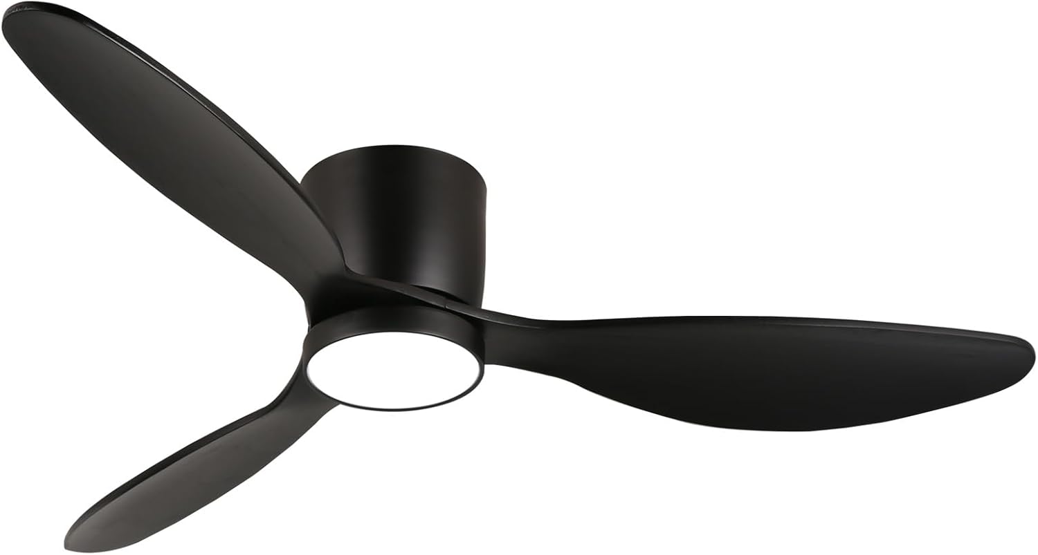 reiga 52 Inch Wood Black Modern Flush Mount Indoor Ceiling Fan with Light and Remote, 3 Propeller Blade, Quiet DC Motor for Bedroom Living Room