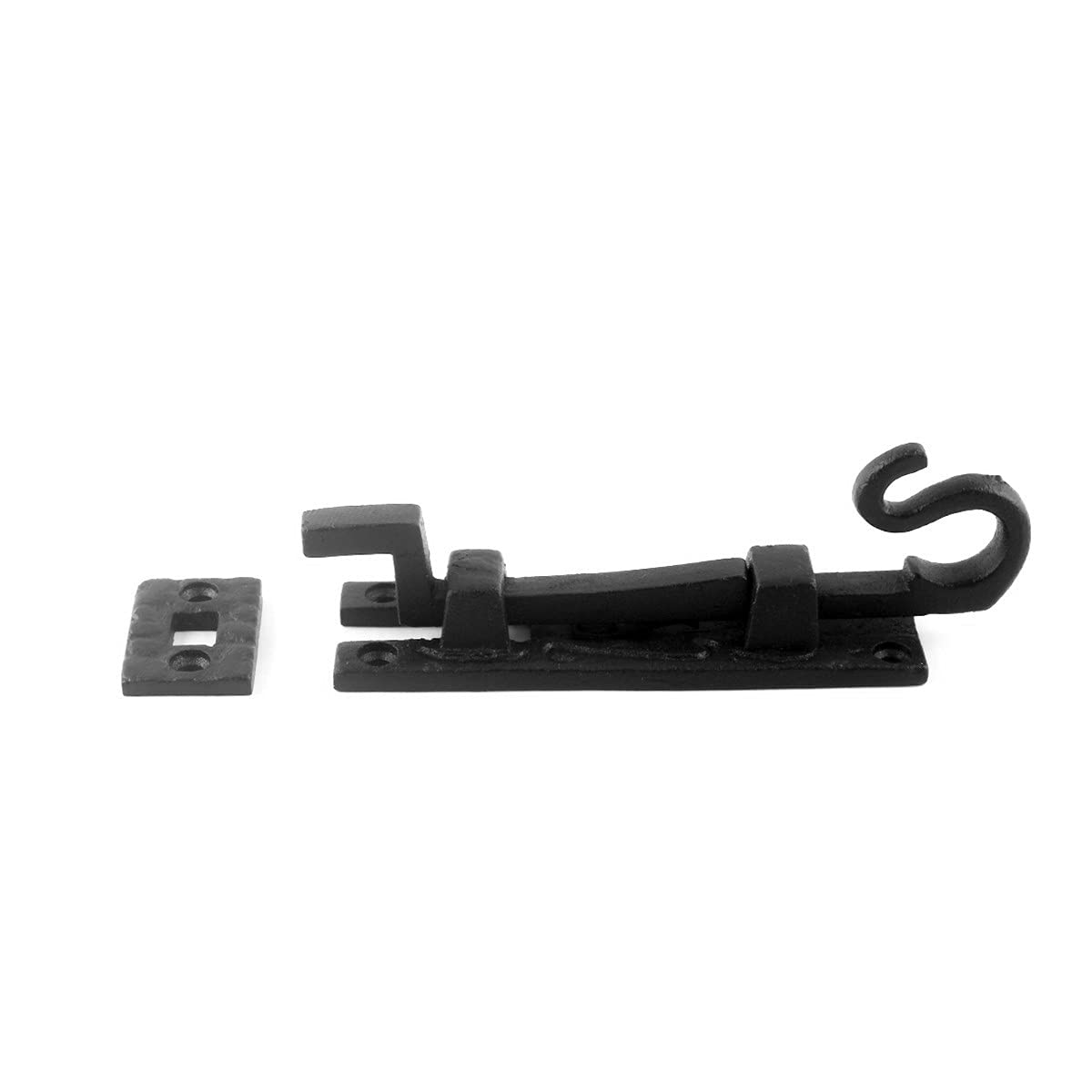 Renovators Supply Manufacturing Door Lock Latch 5 in. Black Wrought Iron Pig Tail Tip Styled Necked Offset Slide Bolt Latch with Mounting Hardware