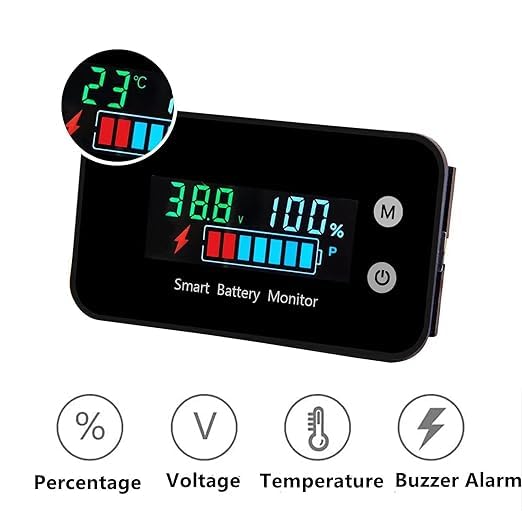 Upgrade IPX7 Waterproof Battery Monitor with Bracket,12v 24v 36v 48v 60v 72v Battery Tester for car,Golf cart,RV,Boat.Voltage,Remain Capacity Battery Monitor with Temperature and Buzzer Alarm