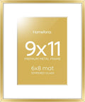 Homeforia 9x11 Gold Frame, High End Metal 9 x 11 Picture Frames with Mat 6 by 8 inch Photo, 9by11 Thin Poster Frame Matted to 6x8 Print, 11x9 Wall or Tabletop Frame, Tempered Glass, Wall Kit, Set of 1