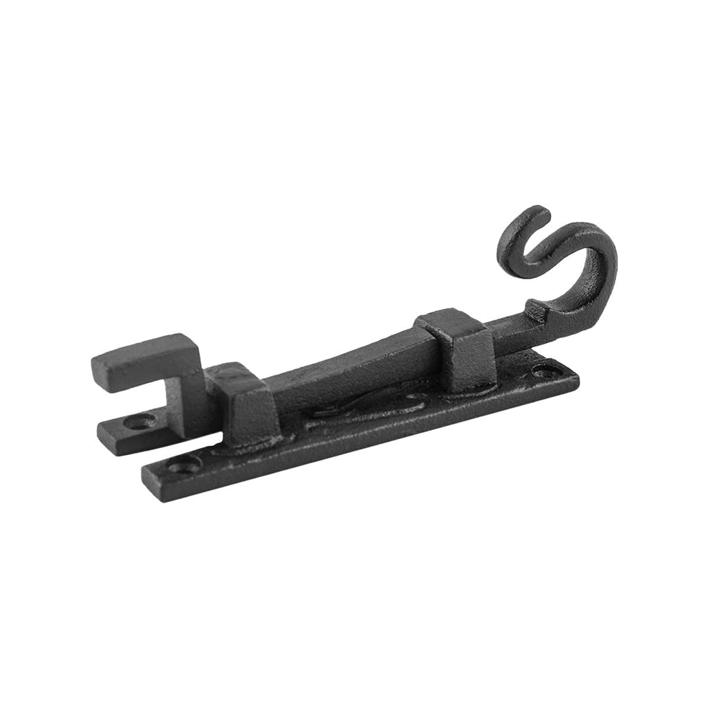 Renovators Supply Manufacturing Door Lock Latch 5 in. Black Wrought Iron Pig Tail Tip Styled Necked Offset Slide Bolt Latch with Mounting Hardware
