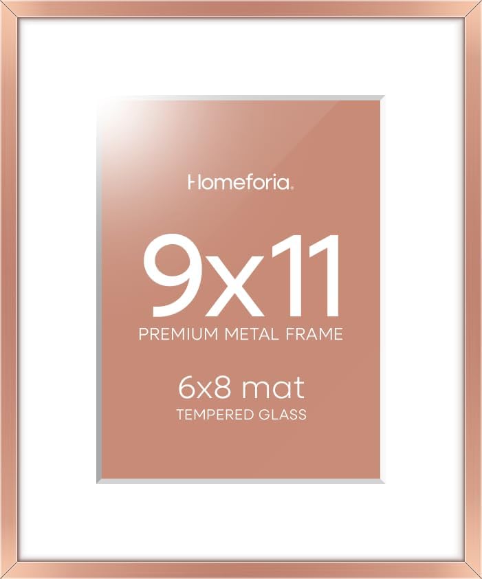 Homeforia 9x11 Rose Gold Frame, High End Metal 9 x 11 Picture Frames with Mat 6 by 8 inch Photo, 9by11 Poster Frame Matted to 6x8 Print, 11x9 Wall or Tabletop Frame, Tempered Glass, Wall Kit, Set of 1