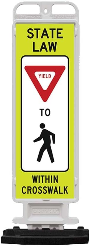 Plasticade Crosscade Crosswalk Sign, 36" Vertical Panel with 12x36 State Law Yield To Pedestrians Sign, Impact-Resistant Rubber Base, Diamond Grade Reflective Background and HIP Sheeting