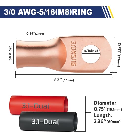 haisstronica 10pcs 3/0 AWG - 5/16"(M8) Battery Cable Lugs, Heavy Duty Copper Wire Lugs with 10pcs 3:1 Adhesive Heat Shrink Tubing, 000 Gauge Wire Lugs, Battery Terminal Connector, Battery Cable Ends