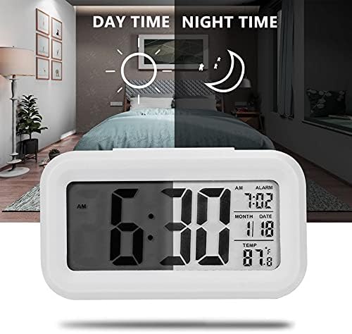 Digital Alarm Clock with LCD Display, Desk Smart Electronic Small Clock with Indoor Temperature, Date, Light Sensor, Backlight, Battery Operated, for Home Bedroom Kids Office (White)