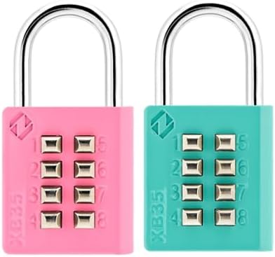 XB35 8-Digit Push Button Combination Padlock, 4 Digit Locking Mechanism, (2-Pack, Pink, Emerald)
