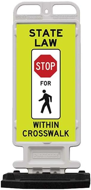 Plasticade Crosscade Crosswalk Sign, 24" Vertical Panel with 12x24 State Law Stop For Pedestrians Sign, Impact-Resistant Rubber Base, Diamond Grade Reflective Background and HIP Sheeting