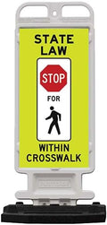 Plasticade Crosscade Crosswalk Sign, 24" Vertical Panel with 12x24 State Law Stop For Pedestrians Sign, Impact-Resistant Rubber Base, Diamond Grade Reflective Background and HIP Sheeting