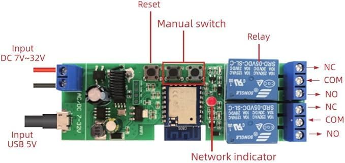 Tuya 2CH Smart Life WiFi Momentary Inching Relay Self-Locking Switch Module,DC/AC 7-32V WiFi RF Bluetooth Relay, Compatible with Alexa Goolge Home