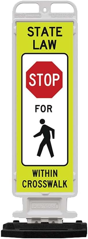 Plasticade Crosscade Crosswalk Sign, 36" Vertical Panel with 12x36 State Law Stop For Pedestrians Sign, Impact-Resistant Rubber Base, Diamond Grade Reflective Background and HIP Sheeting