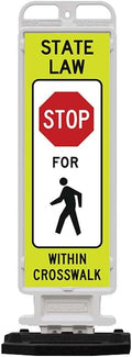 Plasticade Crosscade Crosswalk Sign, 36" Vertical Panel with 12x36 State Law Stop For Pedestrians Sign, Impact-Resistant Rubber Base, Diamond Grade Reflective Background and HIP Sheeting