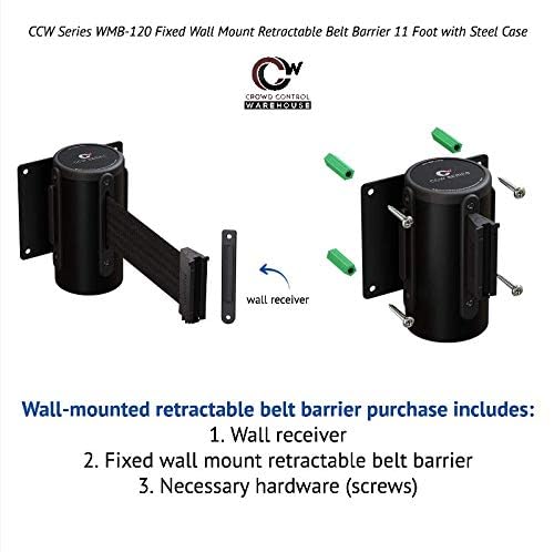 Crowd Control Warehouse - CCW Series WMB-120 Fixed Wall Mount Retractable Belt Barrier - 11 Foot, Navy Blue Belt with Stainless Steel Case