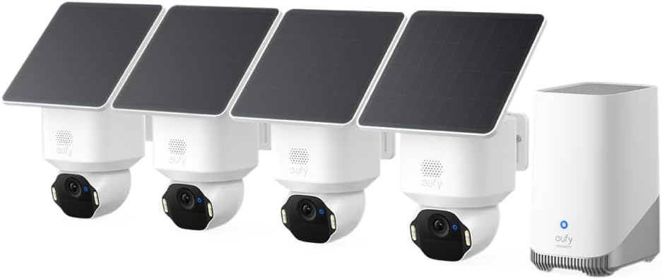 eufy Security SoloCam E42 4-Cam Kit (HomeBase S380), 4K Security Camera Wireless Outdoor, Solar Powered, AI Motion Tracking, Strobe Light, Pan & Tilt, Facial Recognition, Local Storage Up to 16 TB