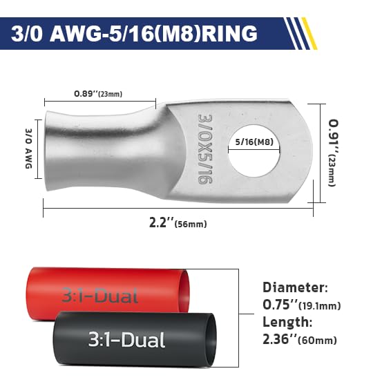 haisstronica 10pcs 3/0 AWG - 5/16"(M8) Tinned Copper Battery Lugs, Heavy Duty Wire Lugs with 10pcs 3:1 Adhesive Heat Shrink Tubing, 000 Gauge Wire Lugs, Tinned Copper Battery Cable Ends