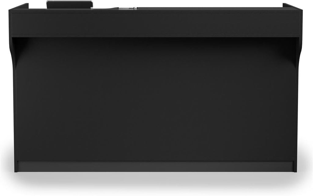 Free-Standing Black Melamine Register Stand, 72 w x 42 x 18-Inch, with Adjustable Shelves, Pull-Out Drawer, and Check Writing Area