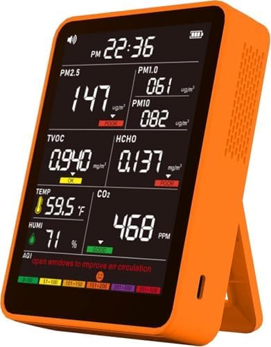 Professional Indoor Air Quality Monitor with AQI Alarms, Portable Real-Time Detector for Home Cars Plants and Pets (Bright Orange)