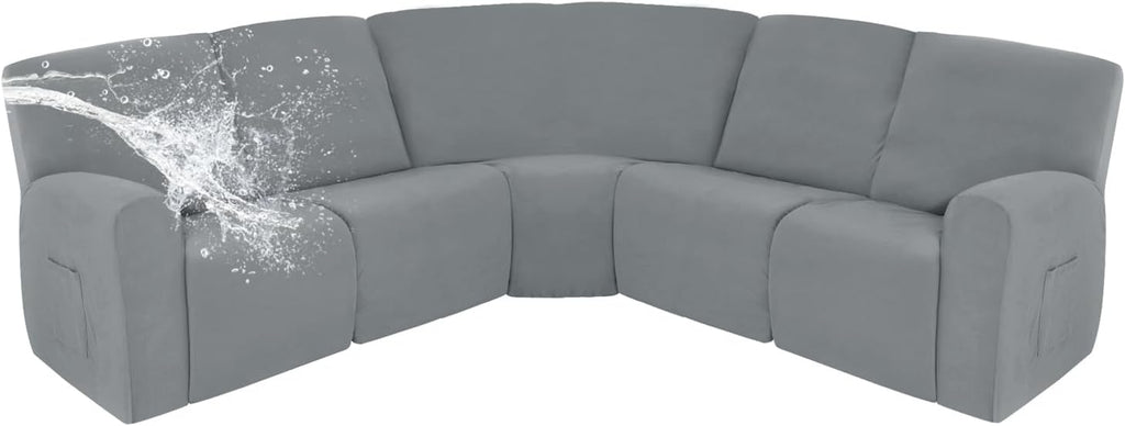Easy-Going 100% Waterproof Recliner Cover, Stretch Couch Covers for Reclining Couches, Extra Large Sectional Sofa Slipcover, L-Shape Furniture Protector for Kids & Pets, 5 Seater, Light Gray