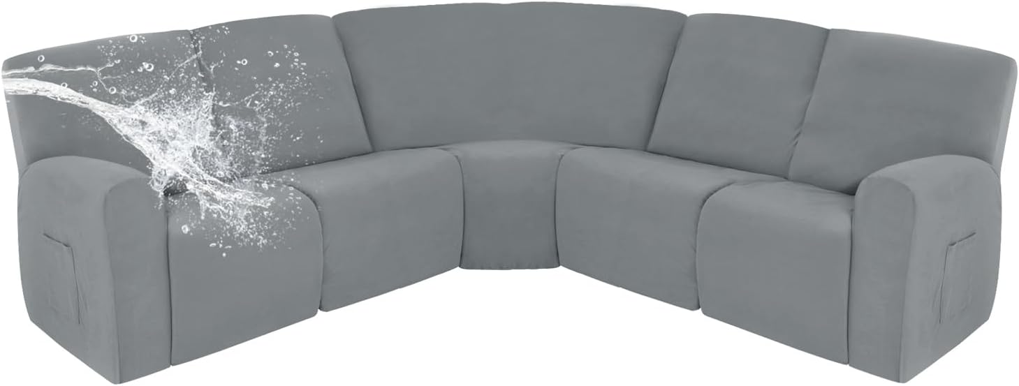 Easy-Going 100% Waterproof Recliner Cover, Stretch Couch Covers for Reclining Couches, Extra Large Sectional Sofa Slipcover, L-Shape Furniture Protector for Kids & Pets, 5 Seater, Light Gray