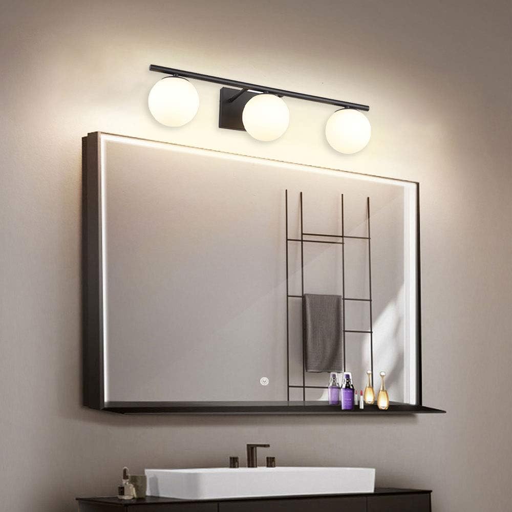 New Bathroom Vanity Light Fixtures Brushed Bronze Milk White Globe Glass Shade Modern Wall Bar Sconce Over Mirror (Black, 3 light-24inch-G9)