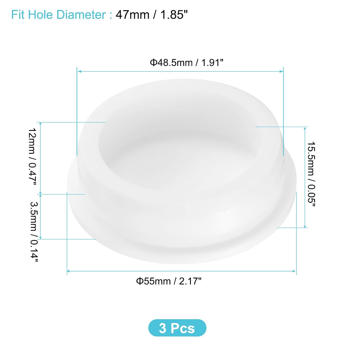 uxcell 3Pcs Silicone Hole Plug, Waterproof Round Rubber Stoppers Bottle Seal Plugs Tube Pipe End Caps for 47mm/1.85" Hole for Bathtub Bottle, White