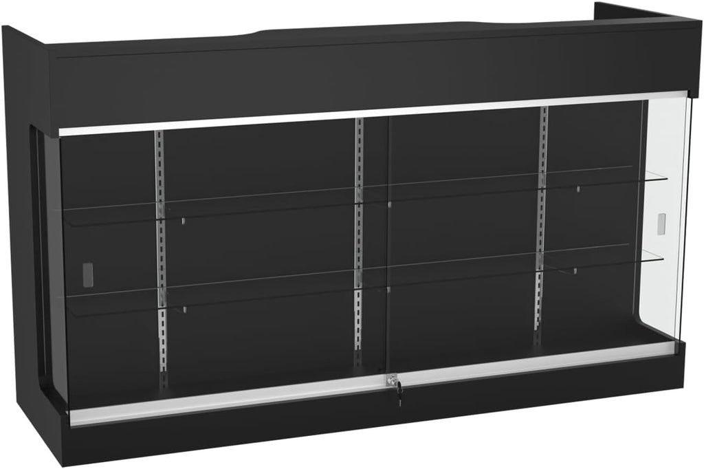 72" W x 22" D x 42" H - Ledgetop Checkout Counter with Glass Showcase View Front, Black Wooden Cash Register Stand with Showcase,Retail Glass Display Cabinet Counter