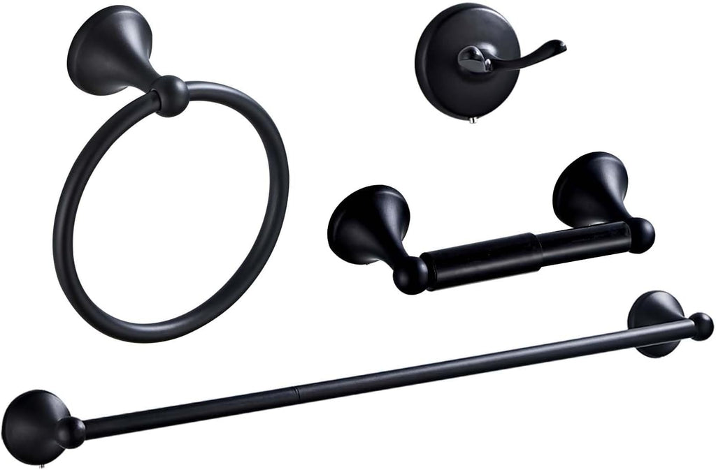 Matt Black Bathroom Accessory Set, Adjustable Towel Bar,Towel Ring,Toilet Paper Holder,Robe Hook 4-Piece Bathroom Hardware Set Wall Mounted (Matt Black)