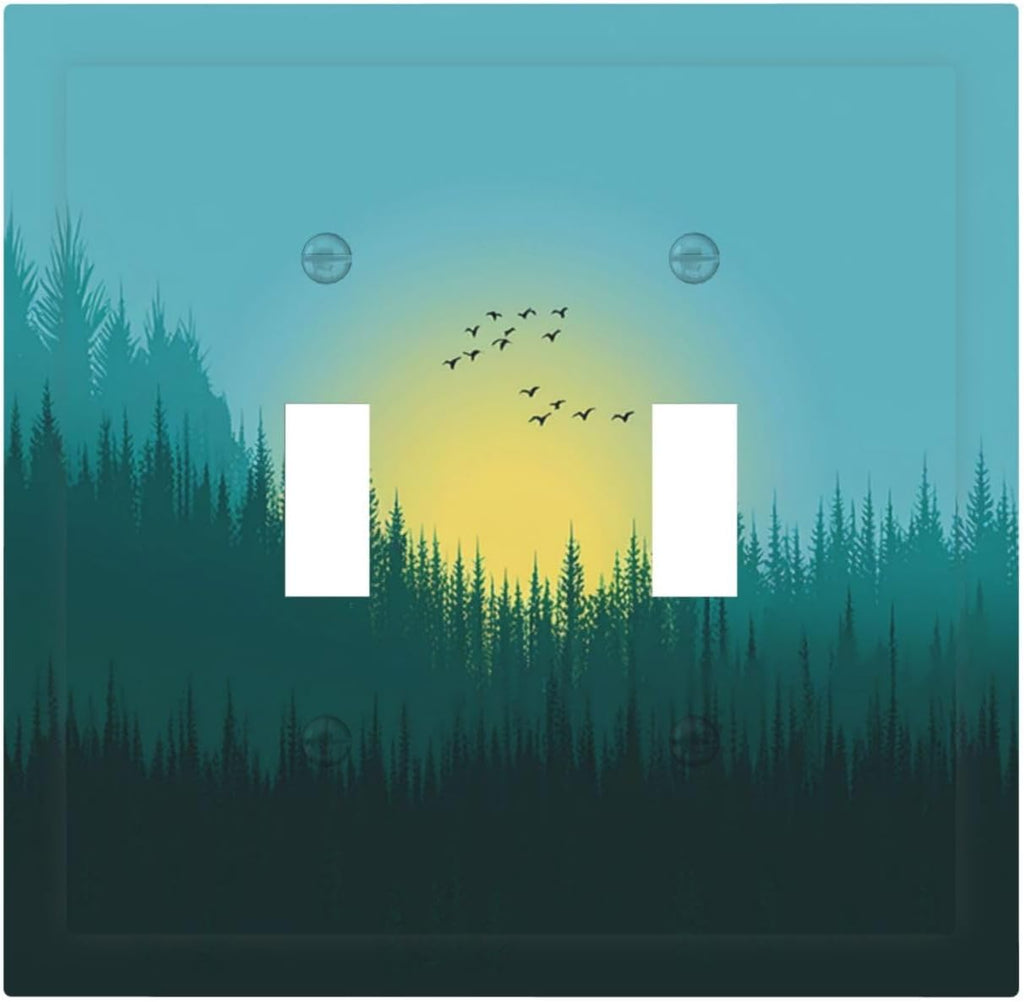Green Forests And Birds Sun Woodland Decorative Switch Plates 2 Gang Double Toggle Outlet Light Switch Cover Wall Plate Electrical Faceplate for Bedroom Bathroom Decor