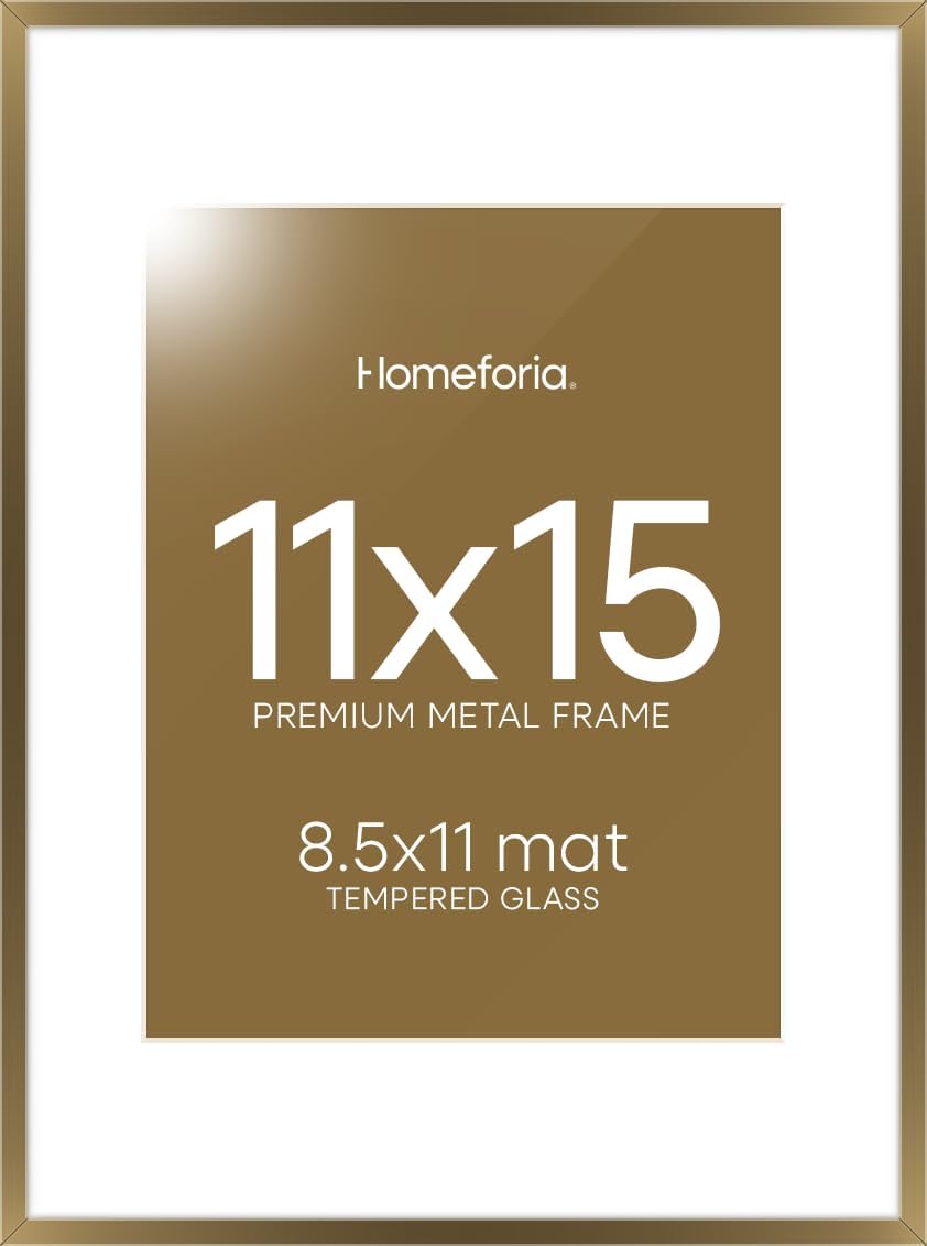 Homeforia 11x15 Bronze Picture Frame, High End Metal 11x15 Brass Frames with Mat 8.5x11, 11 x 15 Poster Frames Matted to 8.5 x 11 inch Photo, 11 by 15 Bronze Frames, Tempered Glass, Wall Kit, Set of 1