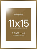 Homeforia 11x15 Bronze Picture Frame, High End Metal 11x15 Brass Frames with Mat 8.5x11, 11 x 15 Poster Frames Matted to 8.5 x 11 inch Photo, 11 by 15 Bronze Frames, Tempered Glass, Wall Kit, Set of 1
