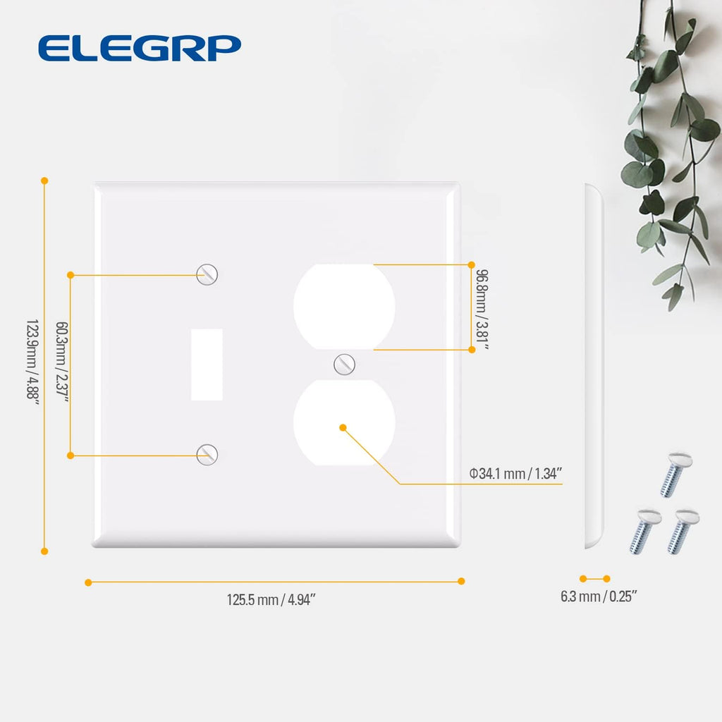 Combination Wall Plate ELEGRP 1-Toggle Light Switch 1-Duplex Receptacle Outlet Combination Wall Plate Cover, Mid-Size 4.88" x 4.94" Unbreakable Thermoplastic Faceplate Cover, UL Listed (1 Pack, white)